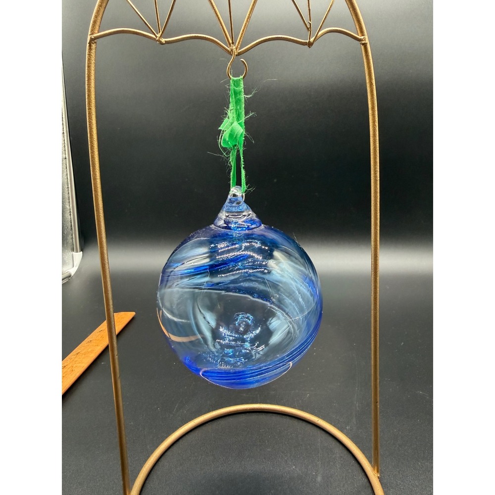 Hand Blown Glass Friendship Ball Ornament Cobalt Blue Swirl Art Glass Suncatcher